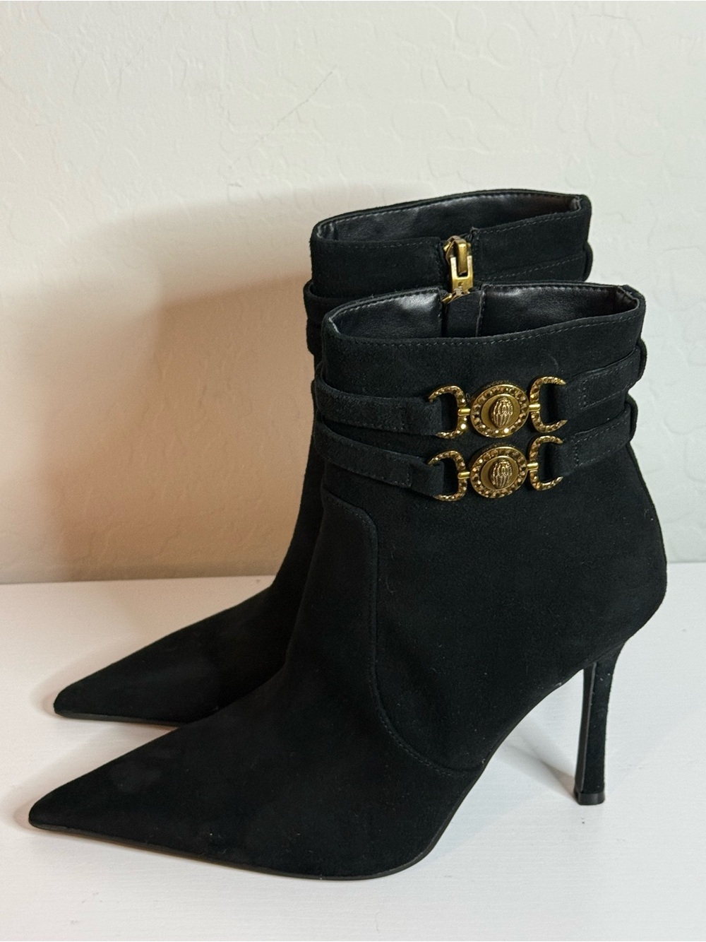 Kurt Geiger Manson Black Suede Pointed Ankle Boots with Gold Medallion Straps - Picture 1 of 7